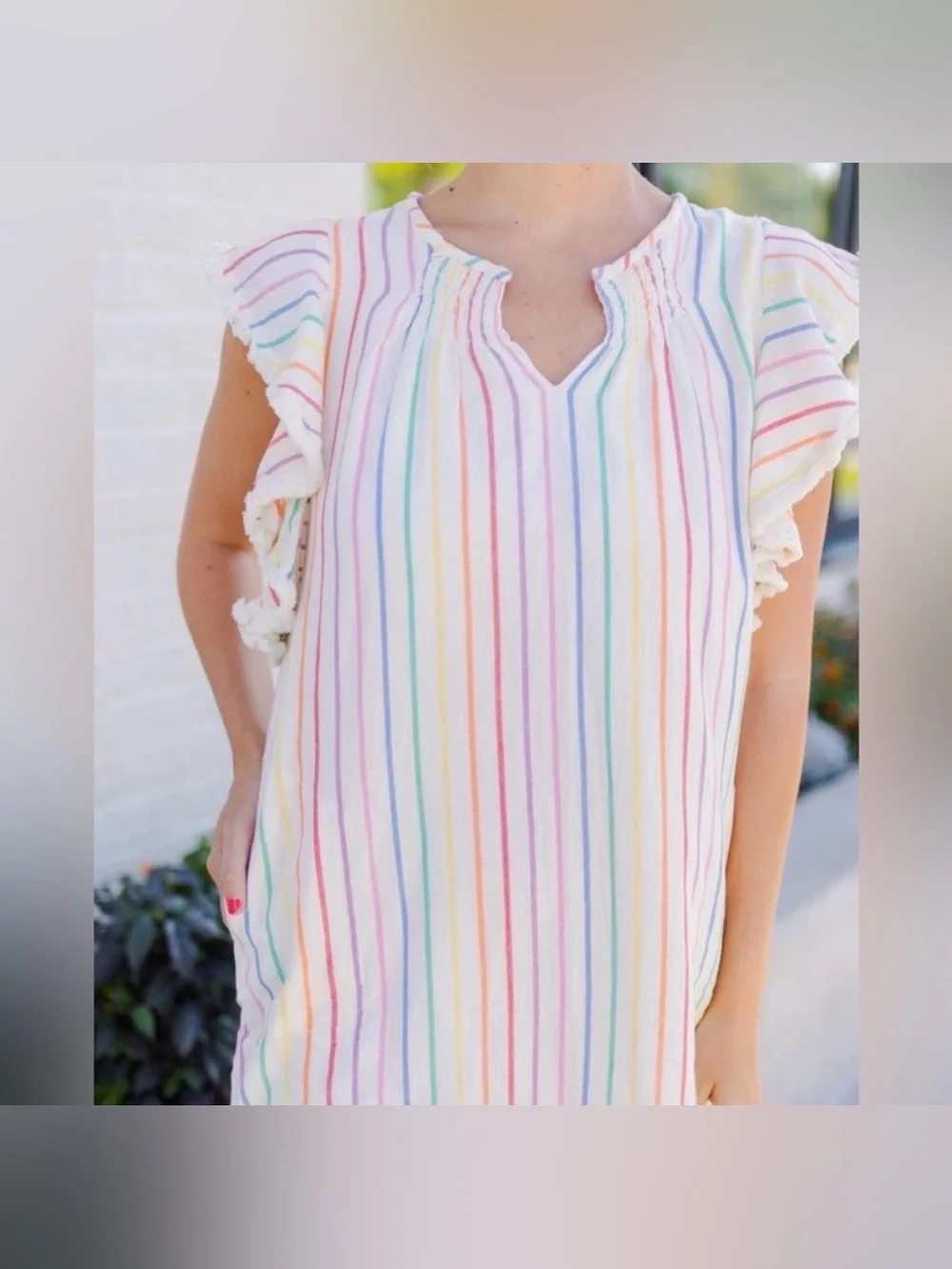 THML - Anthropologie - Vertical Striped Rainbow Cotton Fringe Tunic Dress